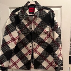 HUGO Black, White & Burgundy Plaid Shirt Jacket